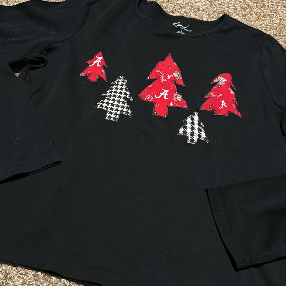 Alabama Crimson Tide fabric trees sewn on soft Kim Rogers black T